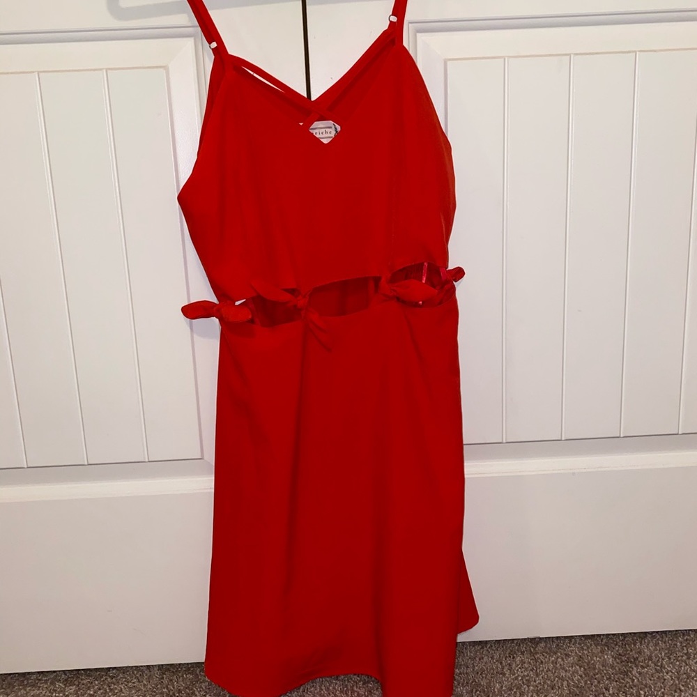 Red dress with slit, ties, and adjustable straps